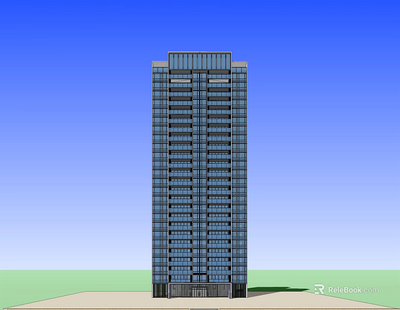 Modern High Rise Building With Glass Windows Against Blue Sky And Green Ground 3d model 