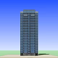 Modern High Rise Building With Glass Windows Against Blue Sky And Green Ground