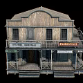 Vintage Western Style Wooden Two Story Bed and Breakfast Building With Balcony And Signboards
