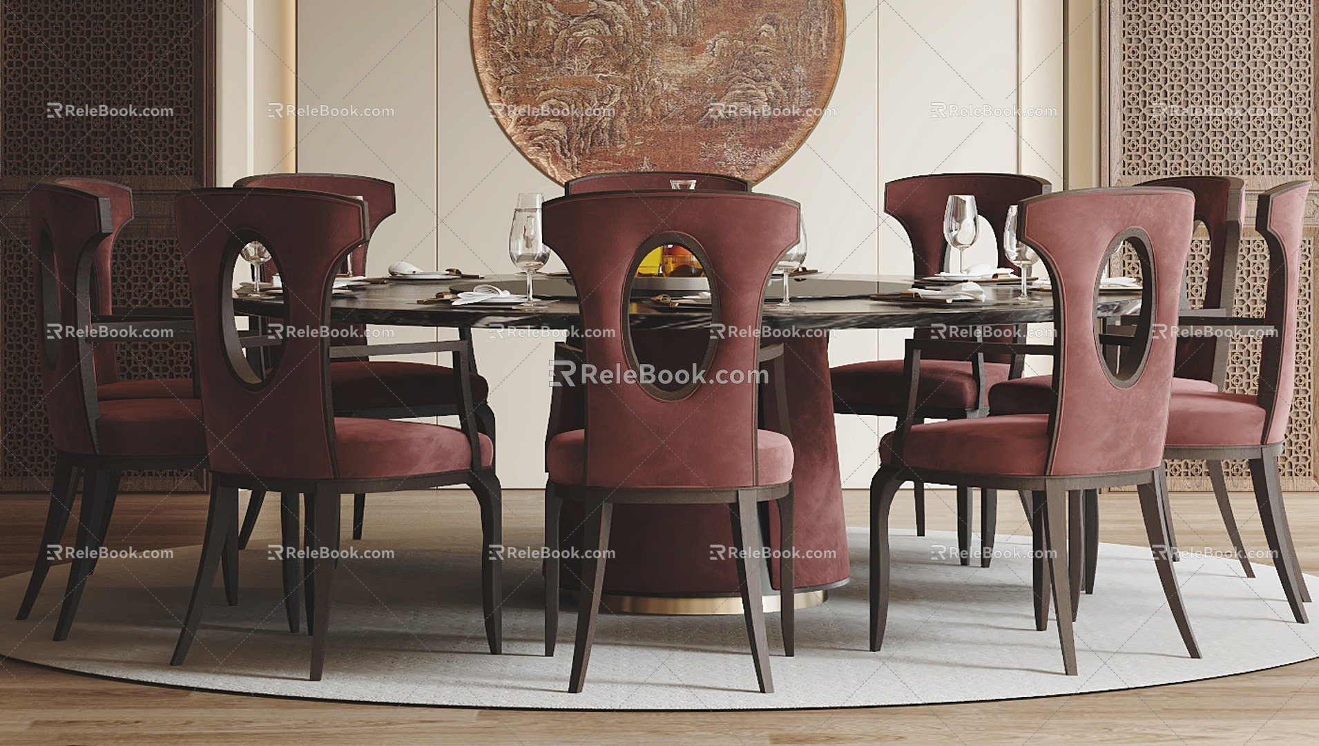 New Chinese Dining Table and Chair Combination Room Dining Table and Chair Combination Round Large Dining Table Dining Chair Background Wall 3d model