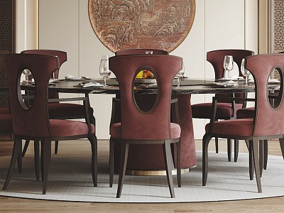 New Chinese Dining Table and Chair Combination Room Dining Table and Chair Combination Round Large Dining Table Dining Chair Background Wall 3d model