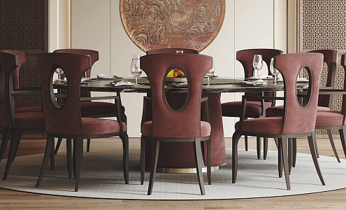 New Chinese Dining Table and Chair Combination Room Dining Table and Chair Combination Round Large Dining Table Dining Chair Background Wall 3d model