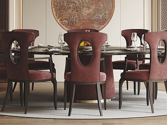 New Chinese Dining Table and Chair Combination Room Dining Table and Chair Combination Round Large Dining Table Dining Chair Background Wall 3d model