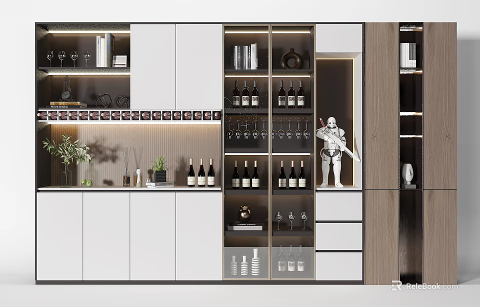 Modern Wine Cabinet With Glass Display Shelves And Bottle Storage In White Wood Tones 3d model 