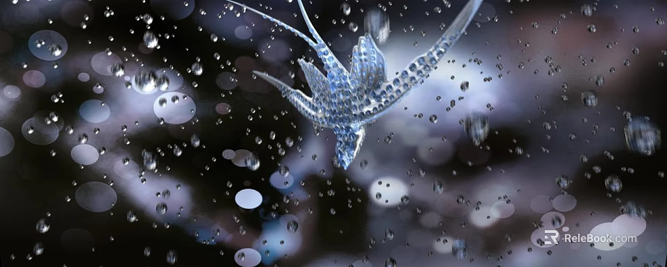 Transparent Flying Bird With Sparkling Water Droplets Against Dark Bokeh Background 3d model 