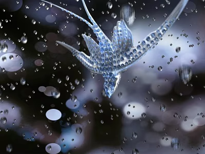 Transparent Flying Bird With Sparkling Water Droplets Against Dark Bokeh Background 3d model