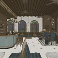 Cozy Restaurant Interior With Wooden Ceiling Pendant Lamps Arched Windows Booth Seating And Bar Counter