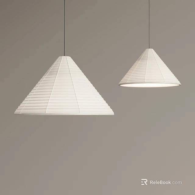 White Cone Pendant Lights With Striped Design Hanging On Gray Background 3d model