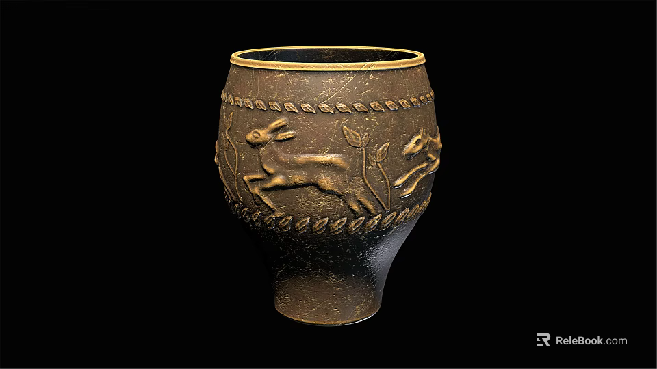 Brown Clay Vase With Relief Carvings Of Running Deer And Plants 3d model 