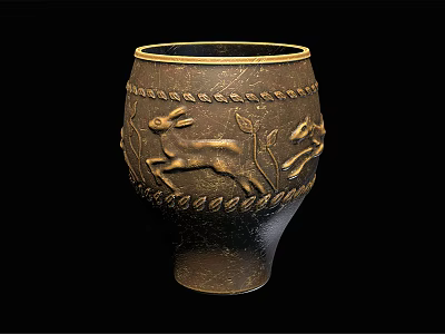 Brown Clay Vase With Relief Carvings Of Running Deer And Plants 3d model