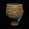 Brown Clay Vase With Relief Carvings Of Running Deer And Plants