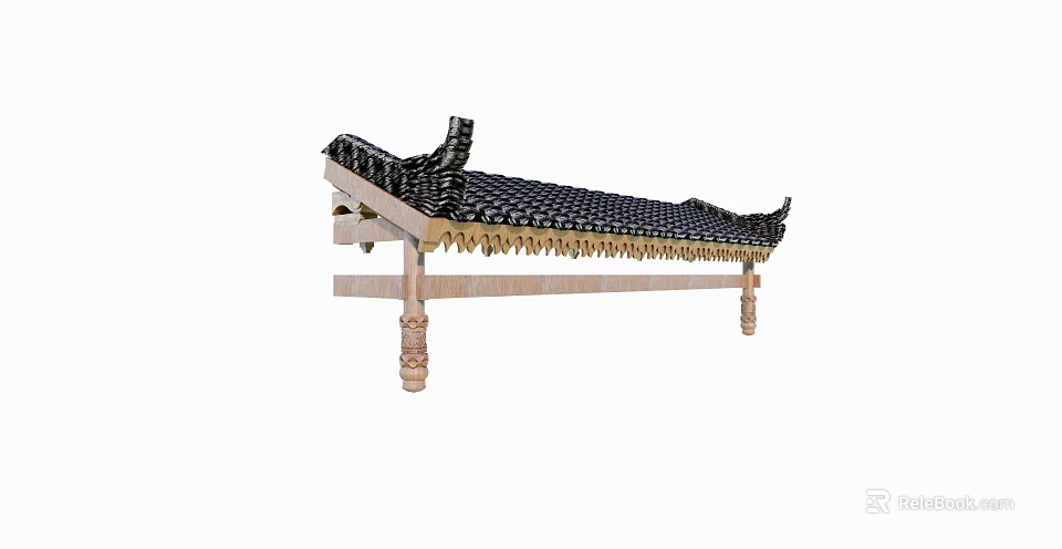 Wooden Bed Frame Structure With Carved Legs And Black Checkered Mattress 3d model 