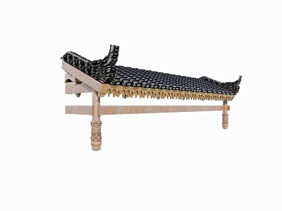 Wooden Bed Frame Structure With Carved Legs And Black Checkered Mattress 3d model