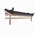 Wooden Bed Frame Structure With Carved Legs And Black Checkered Mattress