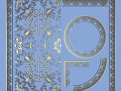 Intricate Golden Carved Patterns On Blue Background With Circular And Corner Designs 3d model