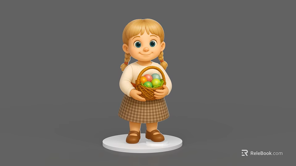 Cute Game and Movie Character with Braided Hair Holding Colorful Eggs Basket on White Base 3d model 
