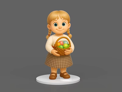 Cute Game and Movie Character with Braided Hair Holding Colorful Eggs Basket on White Base 3d model