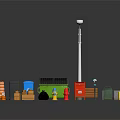 Urban Street Facilities With Street Lamp Colorful Trash Bins Traffic Cones And Bench