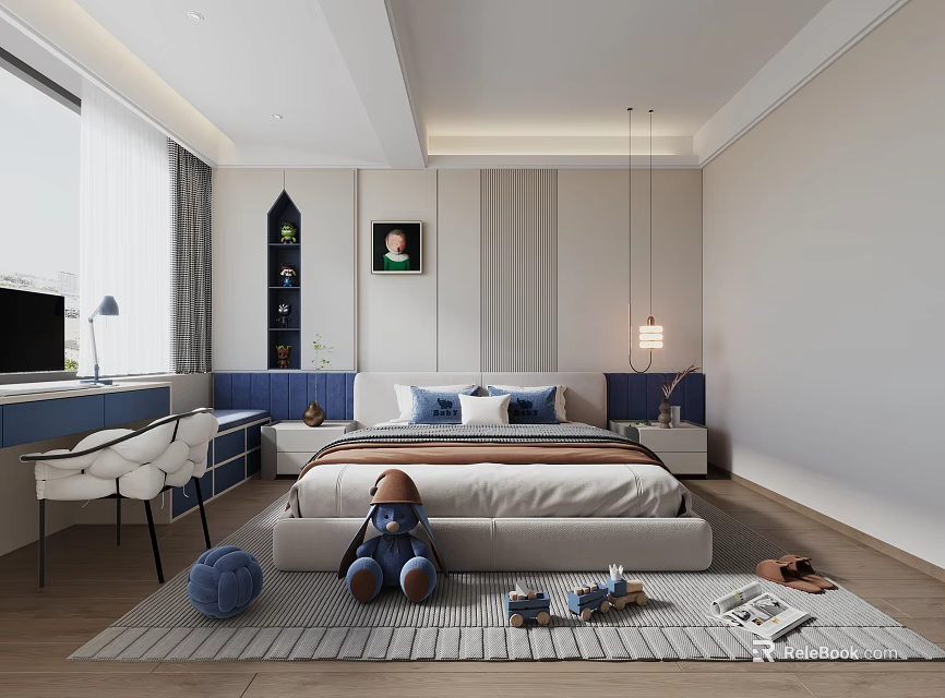 Cozy Modern Kids Room Interior Design With Bed Stuffed Bear Study Desk And Toy Cars 3d model 
