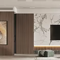 Modern Living Room And Dining Area With Marble Wall Gray Sofa Orange Cushions And Wine Cabinet