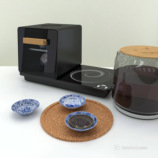 Modern Tea Set with Black Stove Glass Container and Blue White Bowls on Cork Mat 3d model 