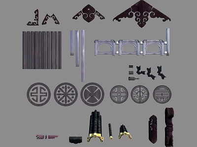 Traditional Architectural Decorative Components With Ornamental Brackets Lattice Panels And Circular Motifs 3d model