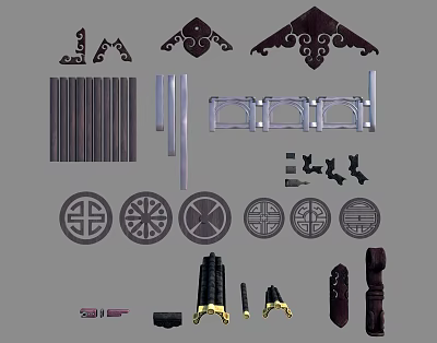 Traditional Architectural Decorative Components With Ornamental Brackets Lattice Panels And Circular Motifs 3d model