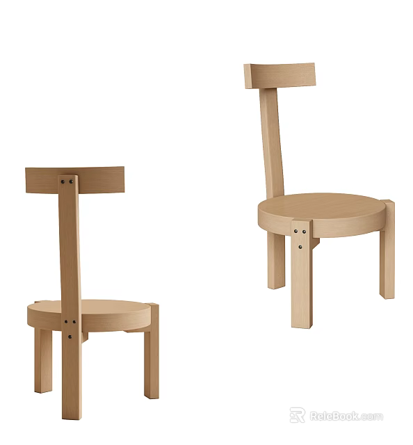 Minimalist Wooden Kids Chairs With Round Seat And Tall Back 3d model 