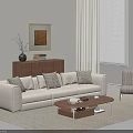 White Sofa With Pillows And Wooden Coffee Table In Modern Living Room With Floor Lamp