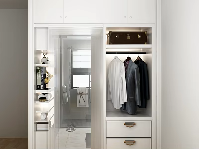 Modern Wardrobe Interior With Glass Door Hanging Clothes Drawers And Suitcase 3d model