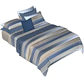 Modern Double Bed With Striped Bedding Blue White Beige Stripes And Decorative Pillows