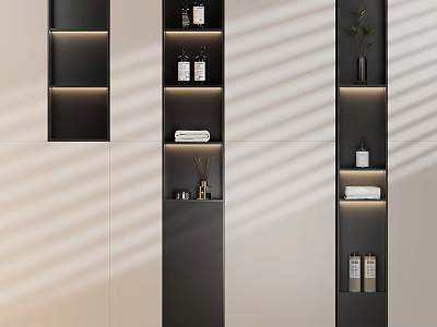 Modern Minimalist Bathroom Cabinet Rack With Black White Storage Shelves Toiletries Towel And Potted Plant 3d model