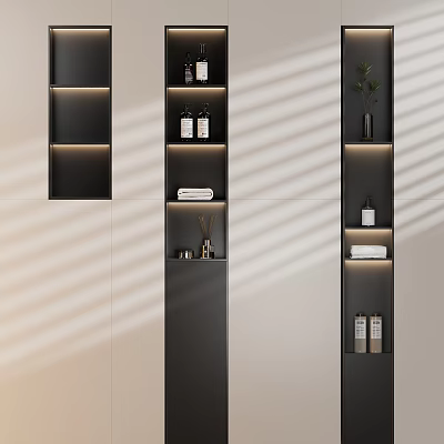 Modern Minimalist Bathroom Cabinet Rack With Black White Storage Shelves Toiletries Towel And Potted Plant 3d model