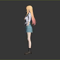 3D Anime Character Model With Orange Long Hair White Shirt And Blue Plaid Skirt