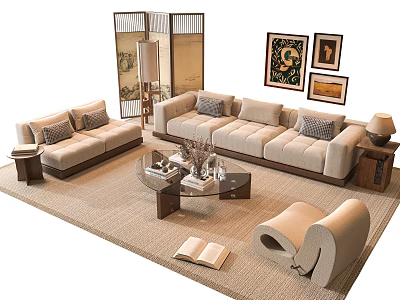 Beige Sofa And Coffee Table Set With Accent Chair Floor Lamp Wall Art And Rug 3d model