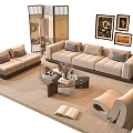 Beige Sofa And Coffee Table Set With Accent Chair Floor Lamp Wall Art And Rug