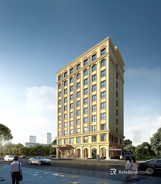 Yellow Classical Multi Story Hotel Building With Multiple Windows Surrounded by Trees And Blue Sky 3d model