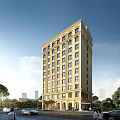 Yellow Classical Multi Story Hotel Building With Multiple Windows Surrounded by Trees And Blue Sky 3d model