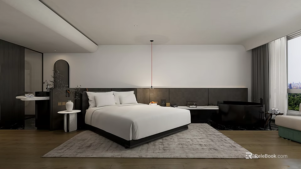 Modern Minimalist Hotel Room With King Bed Area Rug Bathtub And Hanging Lamp 3d model 