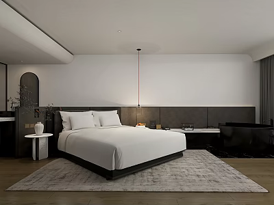 Modern Minimalist Hotel Room With King Bed Area Rug Bathtub And Hanging Lamp 3d model