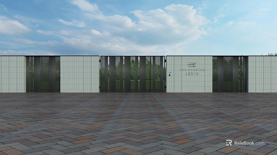 Modern Building Facade With White Tiles Black Metal Slats And Entrance Door 3d model 