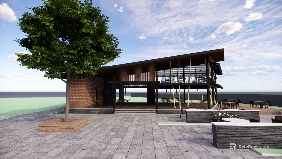 Modern Pavilion With Brick Structure Large Glass Windows Stone Pavement And Outdoor Benches 3d model 