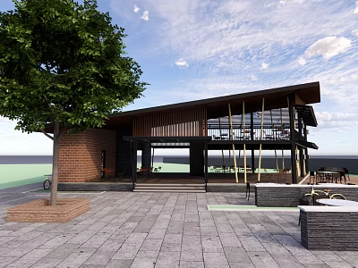 Modern Pavilion With Brick Structure Large Glass Windows Stone Pavement And Outdoor Benches 3d model