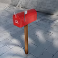 Red Commercial Mailbox with U.S. MAIL Sign on Wooden Post Against Gray Brick Wall