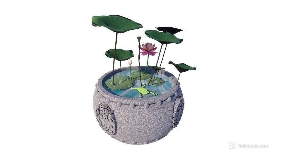 Beautiful Lotus Flower And Leaves In Carved Stone Pot With Water And Frog 3d model 