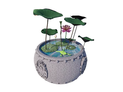 Beautiful Lotus Flower And Leaves In Carved Stone Pot With Water And Frog 3d model
