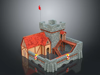 Toy Castle With Red Roof Stone Tower Wooden Staircase And Red Flag 3d model