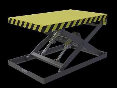 Industrial Hydraulic Scissor Lift Table with Yellow Platform and Black Yellow Warning Stripes Metal Frame 3d model