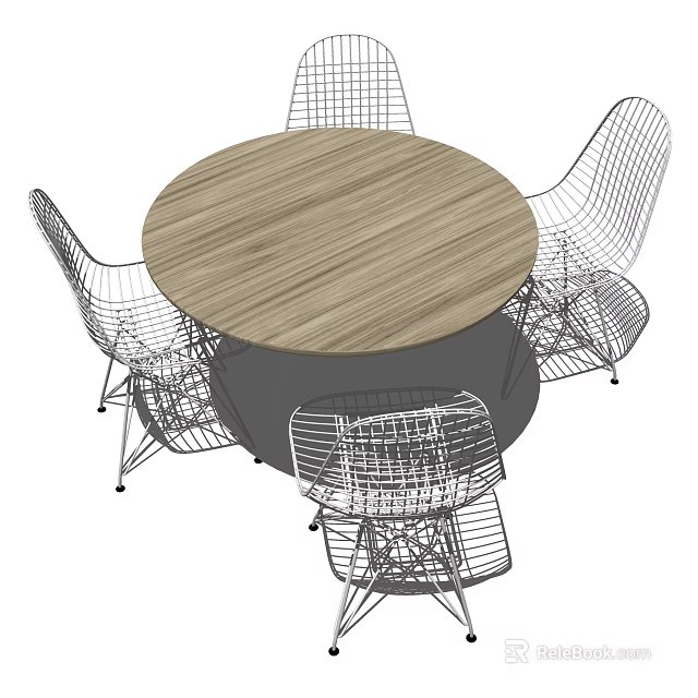 Modern Round Dining Table Set With Wooden Top And Metal Wire Chairs 3d model 
