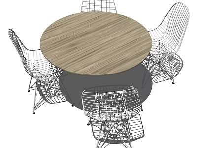 Modern Round Dining Table Set With Wooden Top And Metal Wire Chairs 3d model